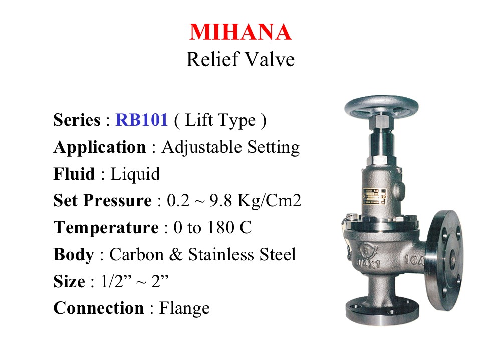 Relief Valve - RB101 / Lift Type Adjustable Setting - Mihana Seisakusho - Gamako