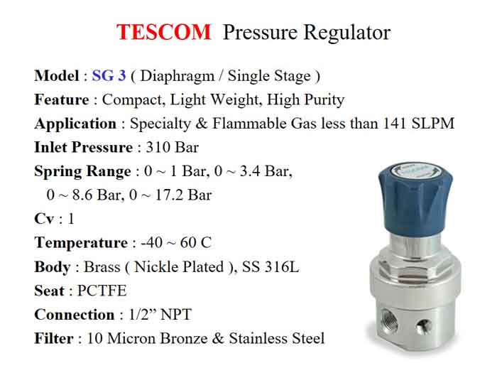 Plated Brass Body 0-125 PSIG Out 1/2 NPTF 1/2 NPTF 4 Port TESCOM SG3P4240 SG3 Single-Stage Pressure Regulator Neoprene Diaphragm 1.0 CV 